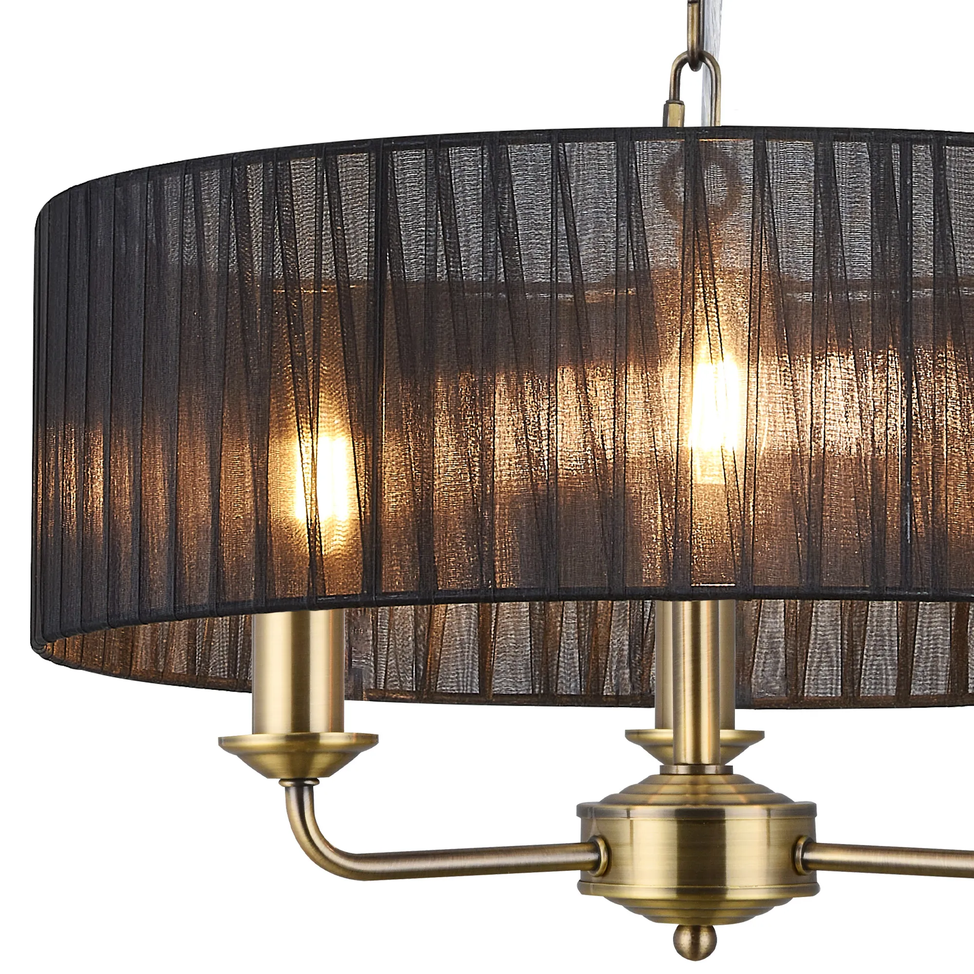 Banyan 3 Light Multi Arm Pendant With 45cm x 15cm Organza Shade Antique Brass/Black DK0867  Deco Banyan AB BL